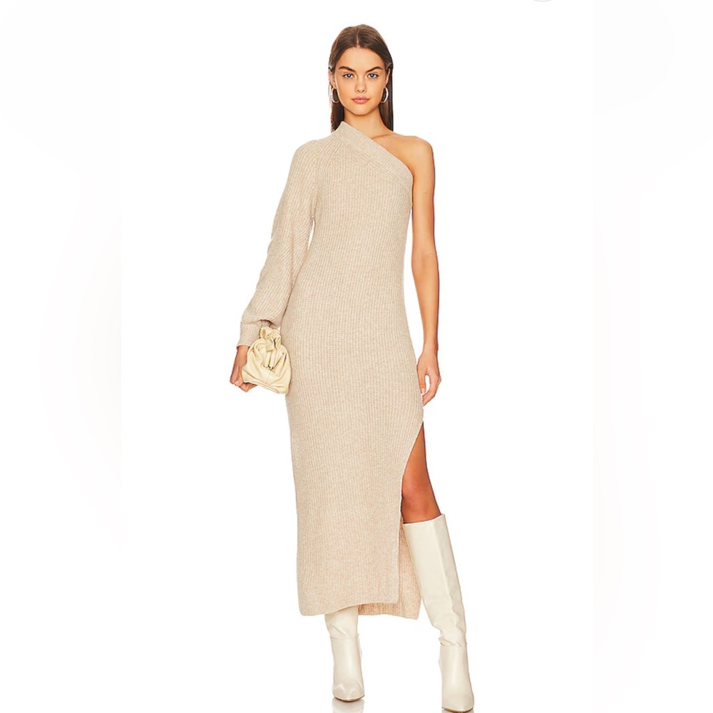 L'Academie $228 | Feride One Shoulder Midi Sweater Dress in Oatmeal size S New